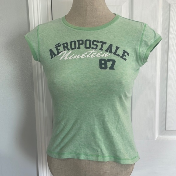Y2K Aeropostale baby tee green T-shirt 100% cotton cap sleeve top womens size XS - Picture 7 of 7